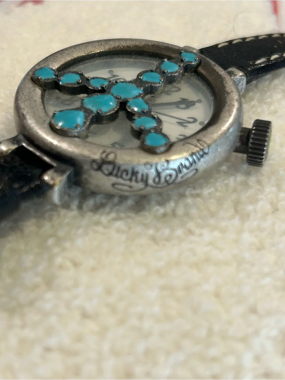 Lucky Brand Vintage Turquoise Colored Accent Round Face Leather Strap Watch